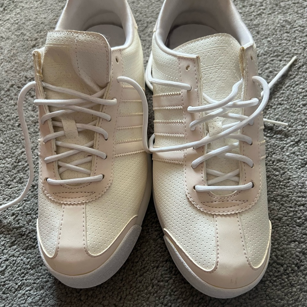 White and Pale Pink Adidas Samoa Sneakers